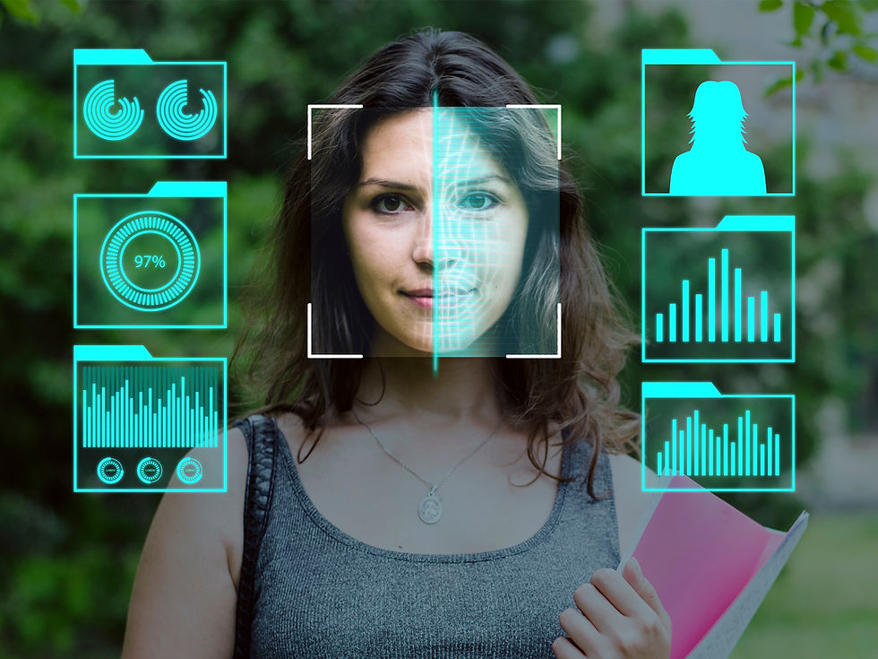 Personalization in Luxury: A futuristic digital interface analyzes a woman's face, highlighting advanced biometric data and AI-driven personalization in the luxury industry.
