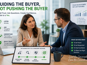 Professional salesperson guiding a buyer through a decision using active listening, trust building, and collaborative communication instead of high-pressure sales tactics.