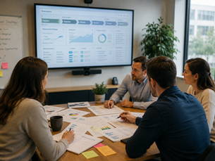 Sales and Customer Success professionals collaborating on customer retention, renewal planning, and account growth strategy during a business meeting.