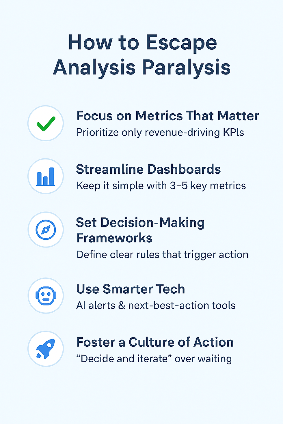 Infographic outlining five strategies to escape analysis paralysis in sales: focus on revenue-driving KPIs, streamline dashboards, set decision-making frameworks, use smarter AI tech, and foster a culture of action.