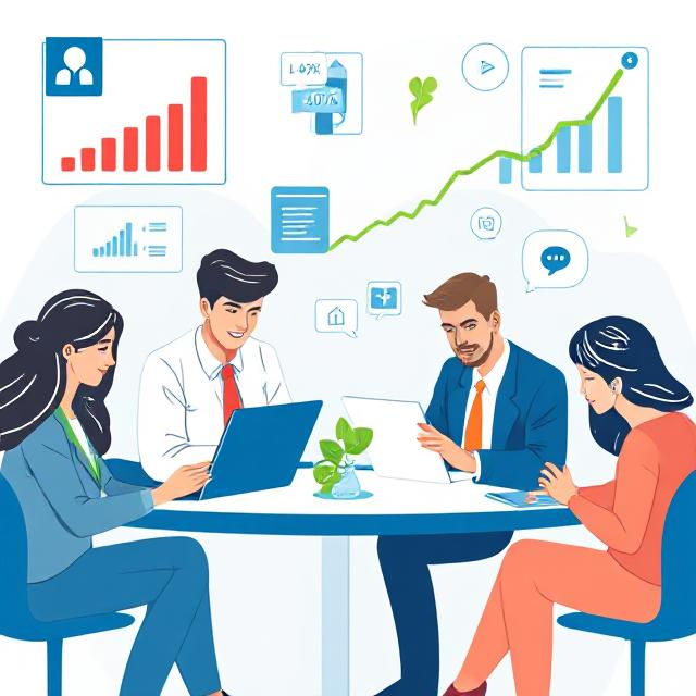 Illustration of a business team using laptops and tablets for social selling, with charts and icons showing a 40% increase in leads.
