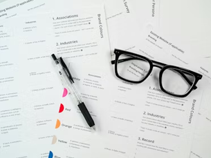 Top-down view of neatly arranged business documents with charts and labeled sections, a pen, and black eyeglasses on a clean white desk, representing analysis, planning, and recruitment strategy work.