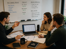Startup sales manager and two Full-Cycle Account Executives reviewing a weekly pipeline in a team meeting, discussing self-sourced opportunities, forecast, and next actions around a shared CRM dashboard.