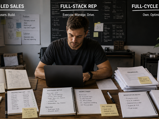 Professional sales leader working at a desk surrounded by prospecting lists, discovery notes, demo preparation, negotiation documents, and revenue forecasts, illustrating the evolution from founder-led sales to full-stack rep and full-cycle maverick roles in modern B2B sales.