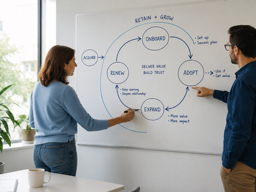 Two professionals collaborate in a bright meeting room beside a whiteboard illustrating a hand-drawn customer journey from acquisition to onboarding, adoption, expansion, renewal, and referral, emphasizing customer retention and long-term revenue growth.