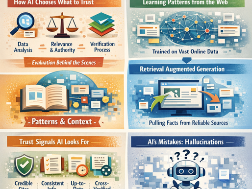 showing how AI evaluates trust using data analysis, relevance, verification, pattern learning from web data, retrieval-augmented generation, trust signals like credibility and consistency, AI hallucinations, and the shift in SEO from keywords to credibility and quality.