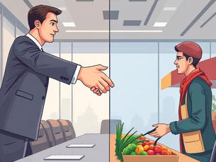 Split illustration showing a corporate business handshake on one side and a local market bargaining scene on the other, symbolizing different forms of negotiation.