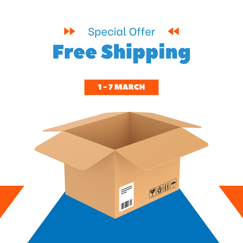 Special Offer Free Shipping from 1-7 March. Image features an open cardboard box on a blue and white background with orange accents.