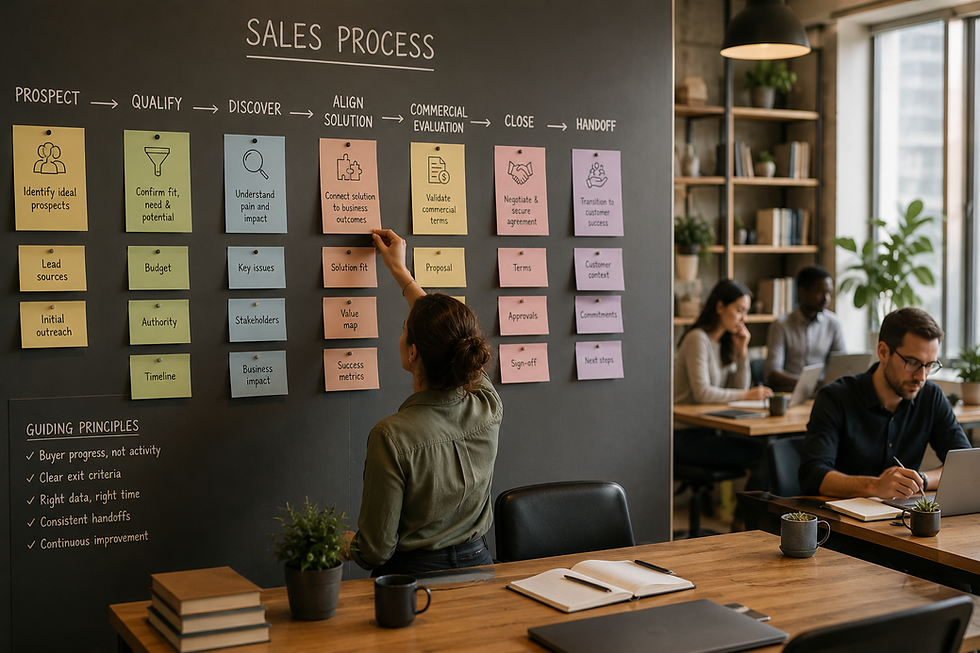 Sales operations professional organizing a seven-stage sales process from prospecting and qualification through closing and customer handoff on a workflow board.