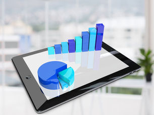 3D blue bar chart and pie chart emerging from a digital tablet screen, symbolizing data analytics, business growth, and digital reporting.