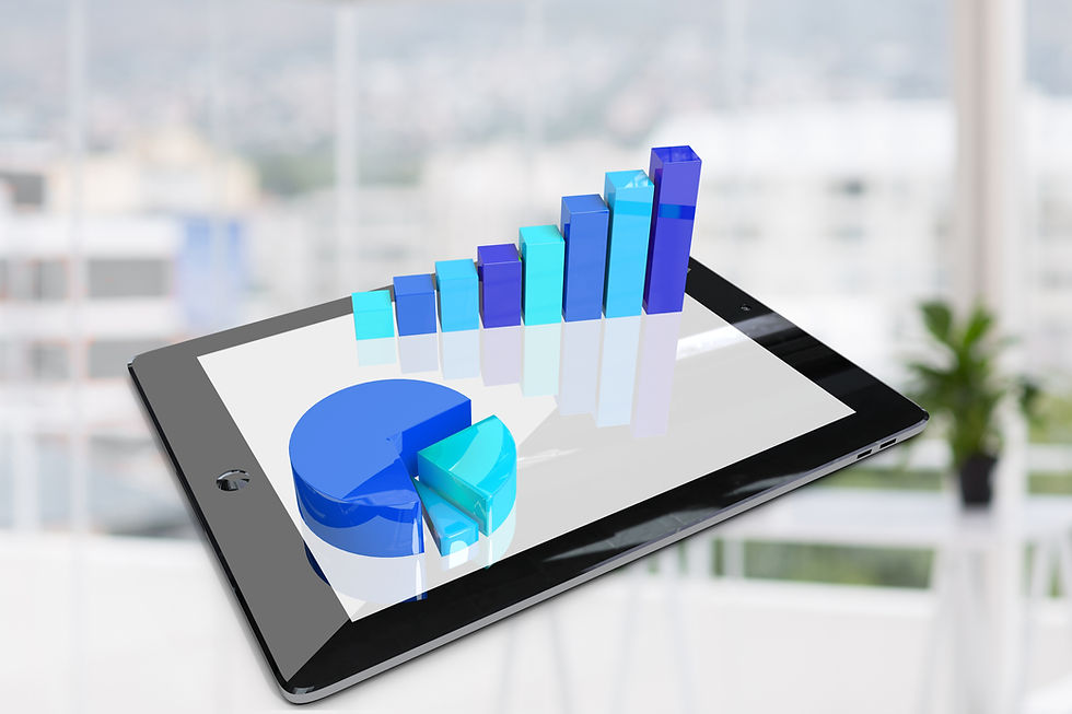 3D blue bar chart and pie chart emerging from a digital tablet screen, symbolizing data analytics, business growth, and digital reporting.