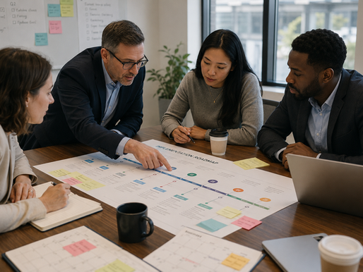 Sales and buyer team collaboratively reviewing a printed project implementation roadmap during a conference room meeting, with one participant pointing to a milestone on the timeline while others discuss responsibilities using sticky notes, calendars, laptops, notebooks, and coffee cups in a naturally lit office.