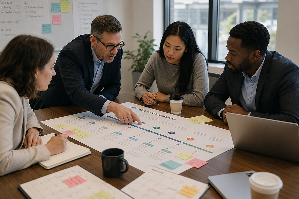 Sales and buyer team collaboratively reviewing a printed project implementation roadmap during a conference room meeting, with one participant pointing to a milestone on the timeline while others discuss responsibilities using sticky notes, calendars, laptops, notebooks, and coffee cups in a naturally lit office.