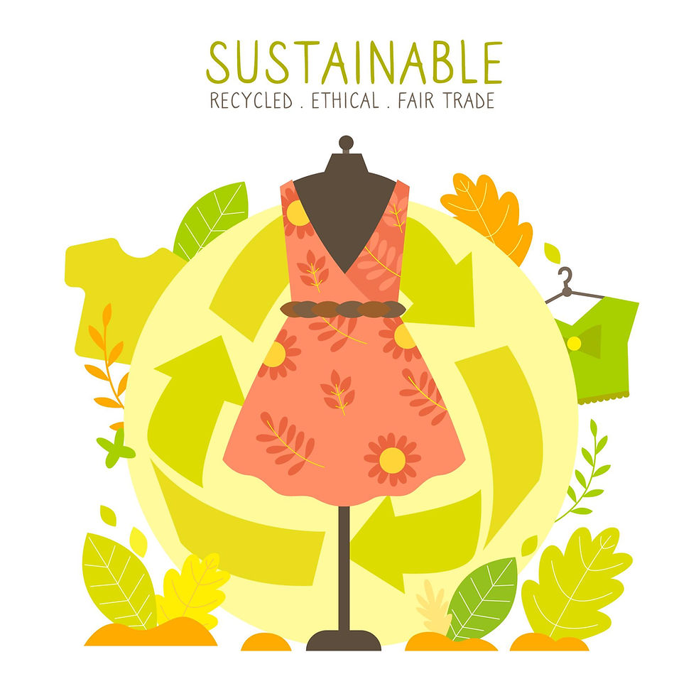 Illustration representing Sustainability in Luxury, featuring an elegant floral dress on a mannequin with a recycling symbol in the background, emphasizing ethical, recycled, and fair-trade fashion.