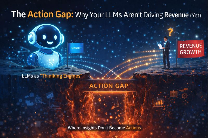 A conceptual business illustration showing a friendly AI labeled as a “thinking engine” on one side of a wide gap and a business leader standing near a “revenue growth” flag on the other, with the gap labeled “action gap,” symbolizing how AI insights fail to turn into execution and revenue without follow-through.