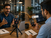 B2B professional recording a short video on a smartphone while another professional watches and privately shares the video