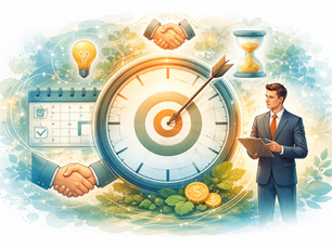 Business-themed illustration showing a professional holding a clipboard beside a large clock with a target at its center, symbolizing perfect timing. Surrounding elements like handshakes, an hourglass, a calendar, and a lightbulb represent trust, urgency, planning, and decision-making in closing a deal.