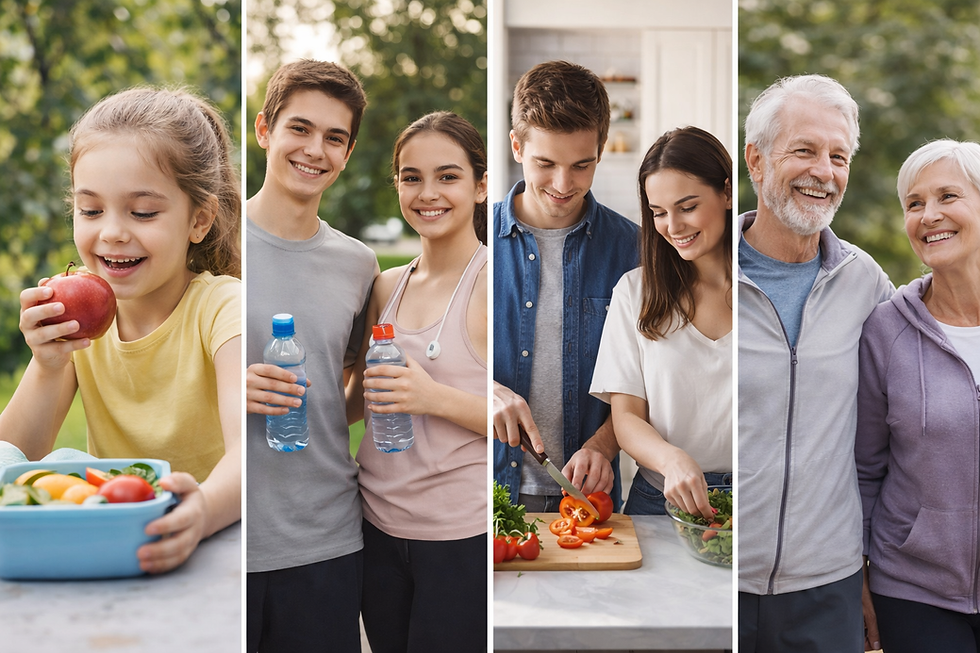 Composite image showing healthy lifestyle habits across life stages, including a child eating fruit, teenagers holding water bottles outdoors, a young couple preparing a healthy meal, and an older couple smiling together during a walk.