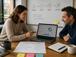 Customer Success Manager and a long-term client reviewing business performance during a quarterly business review, discussing customer adoption, business goals, growth opportunities, and expansion strategy in a collaborative office meeting.