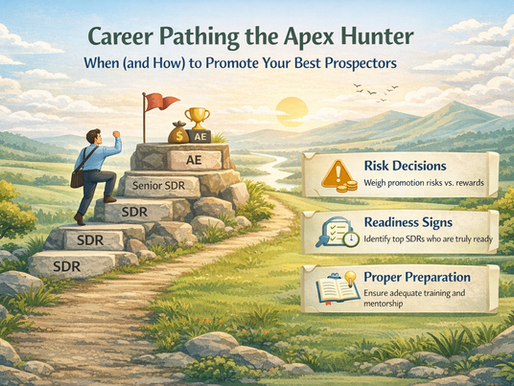 Landscape infographic titled “Career Pathing the Apex Hunter: When (and How) to Promote Your Best Prospectors,” showing a sales professional climbing stone steps labeled SDR, Senior SDR, and AE toward a peak with a trophy and flag. On the right side, three sections highlight key promotion factors: risk decisions, readiness signs, and proper preparation. The scene uses soft, natural colors with a calm countryside background of hills, trees, and a sunrise, symbolizing growth and career progression.