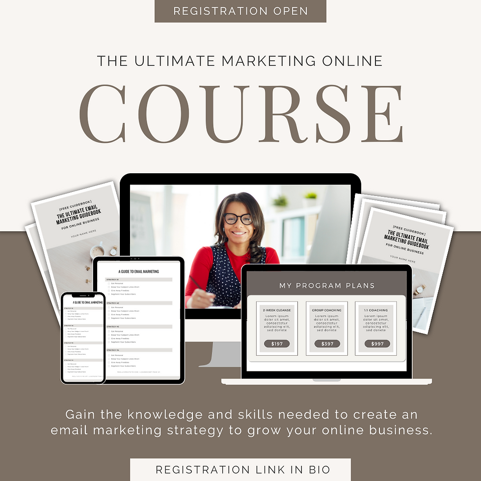 Promotional graphic for an online course on content marketing for education, featuring a laptop screen with a smiling instructor, course materials, and program plans. The design emphasizes digital learning and email marketing strategies for online business growth.