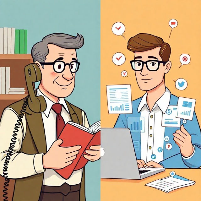 A split-screen illustration – left side shows an old-fashioned salesperson with a phone book and rotary phone, right side shows a modern salesperson using a laptop with data dashboards and social media icons.