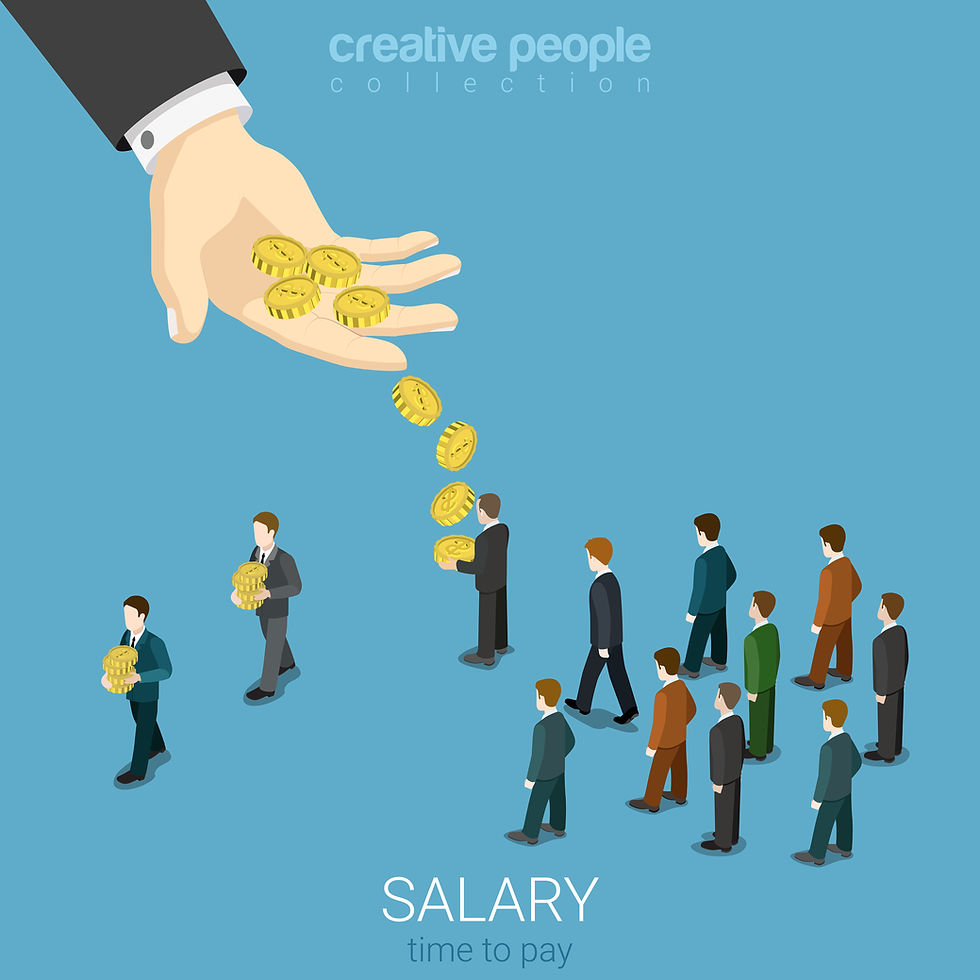 Illustration of a large hand distributing coins to business professionals in line, symbolizing a salary or compensation system—ideal for discussing sales compensation plans that emphasize fairness, performance, and collaboration
