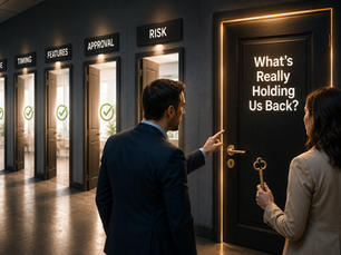 Salesperson helping a buyer identify the final hidden objection represented by a locked door before moving forward with a business decision