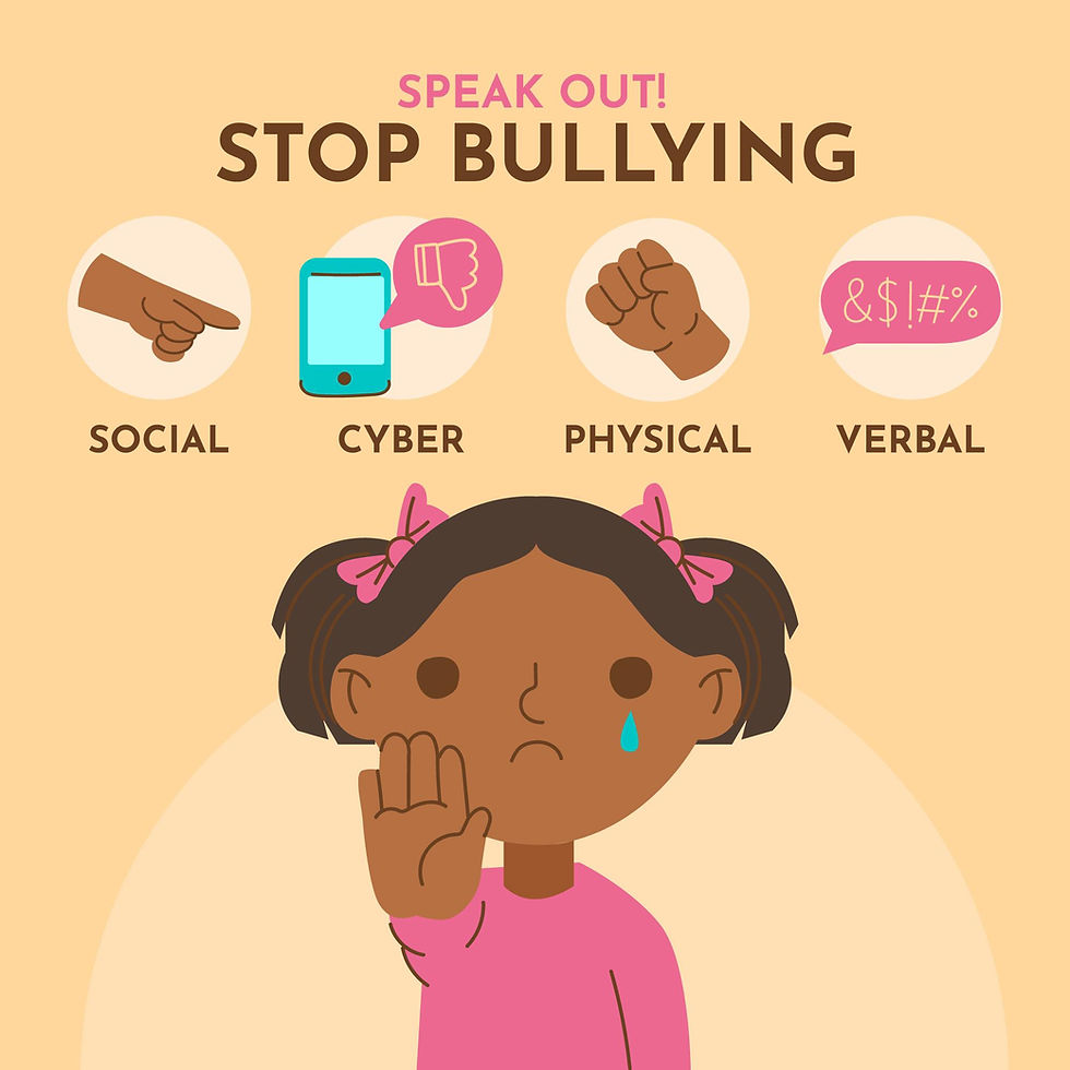 An illustrated poster with the message "Speak Out! Stop Bullying" showing different types of bullying: social (pointing hand), cyber (phone with thumbs down icon), physical (clenched fist), and verbal (speech bubble with symbols). A sad girl with tears and raised hand in a stop gesture is shown at the bottom, symbolizing a call to end bullying.