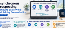 Soft, clean landscape illustration showing an SDR managing multiple outreach channels on a laptop—email, video message, and LinkedIn voice note—connected through flowing lines, highlighting scalable asynchronous prospecting with personalized elements, set in a calm workspace with minimal design and muted colors.