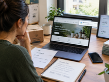 Small-business owner reviewing a website's revenue performance at a desk, with a product package, service invoice, affiliate content plan, new customer payment notification, and website analytics representing multiple monetization streams.