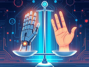 Illustration of a balanced scale with a robotic hand on one side and a human hand on the other, representing harmony between automation and authenticity.