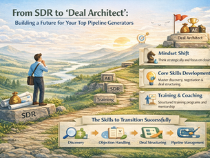 Landscape infographic titled “From SDR to ‘Deal Architect’: Building a Future for Your Top Pipeline Generators,” showing a sales professional standing at the start of a path labeled SDR and progressing toward AE and Deal Architect at the top. The scene includes visual steps like training and skill development along the journey. On the right, highlighted sections emphasize mindset shift, core skills development, and training & coaching. At the bottom, key skills such as discovery, objection handling, deal structuring, and pipeline management are illustrated with simple icons. The design uses soft colors and a calm landscape background with hills and a sunrise, symbolizing growth and transformation.