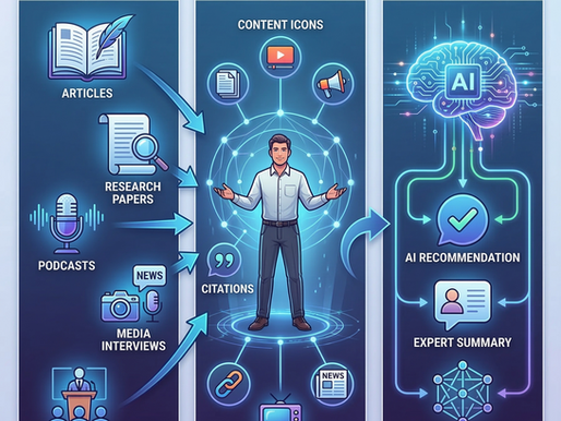 Illustration showing how expert content, media mentions, and research publications build thought leadership that influences AI search recommendations.