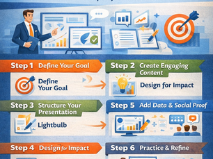 Infographic illustrating a step-by-step process for crafting a sales presentation, including defining goals, structuring slides, presenting solutions, adding proof, designing visuals, and delivering with confidence, shown with business icons, charts, and presentation elements. 📊🎤