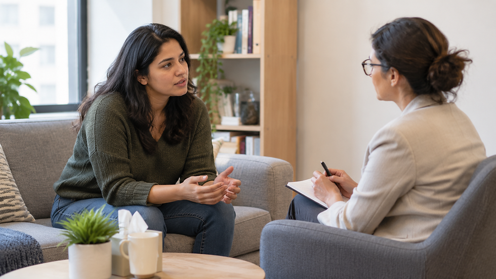 a burned-out professional sitting with a qualified counselor or workplace therapist in a calm, contemporary consultation room.