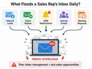 A simple infographic titled “What Floods a Sales Rep’s Inbox Daily?” showing inbound leads, client replies, CRM notifications, internal emails, and meeting requests flowing into an overloaded inbox, ending with the message: “Poor inbox management = lost sales opportunities.”