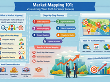 Landscape infographic titled “Market Mapping 101: Visualizing Your Path to Sales Success,” illustrating market mapping concepts, types of mapping techniques, step-by-step process, key benefits, tools like CRM and data visualization, common mistakes to avoid, and a visual growth chart showing improved sales performance. 📊🗺️📈