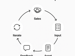 Co-Creation Loop diagram showing the continuous process of sales, input, asset creation, feedback, and iteration—illustrating collaborative product development and customer-driven innovation.