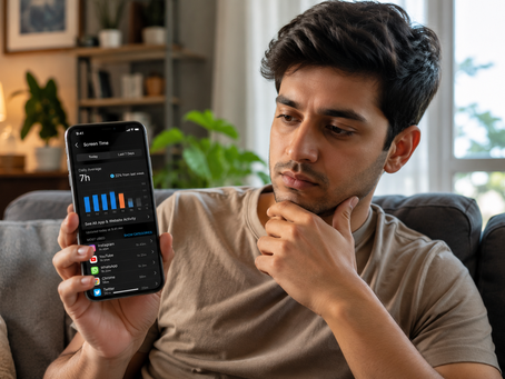 Young adult looking thoughtfully at a smartphone displaying 7 hours of daily screen time while sitting on a sofa at home