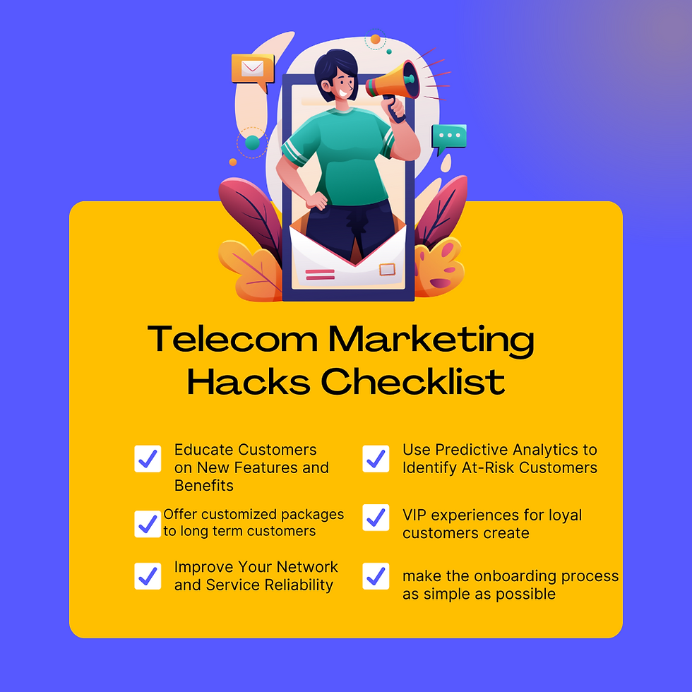 Telecom marketing checklist infographic featuring a vibrant purple and yellow gradient background, showcasing actionable tips such as educating customers on new features, offering customized packages, improving network reliability, using predictive analytics, and simplifying the onboarding process.