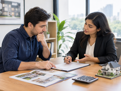 Real estate agent discussing a property concern with a hesitant homebuyer reviewing documents during a negotiation.