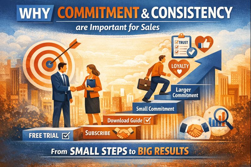 Illustration showing commitment and consistency in sales, with small customer actions leading to trust, loyalty, and a final purchase decision.