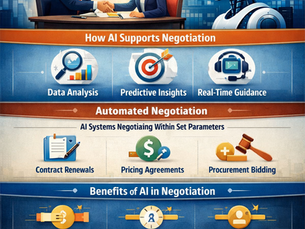 Infographic showing how artificial intelligence supports business negotiation through data analysis, predictive insights, real-time guidance, and human–AI collaboration.