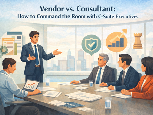 Landscape illustration of a modern executive boardroom meeting where a confident consultant stands and leads a discussion with C-suite executives, emphasizing strategy and outcomes. A vendor sits off to the side focused on a laptop and product details, highlighting the contrast between presenting features and guiding high-level business conversations. Icons like growth charts, shields, and strategy symbols reinforce themes of revenue, risk, and decision-making.