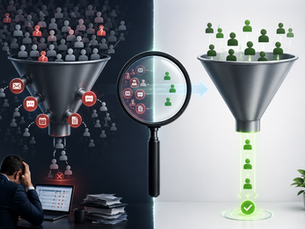 Split-screen sales pipeline showing an overcrowded funnel full of low-quality leads being filtered into a clean pipeline focused on qualified buyers and closed deals.