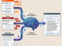 Infographic showing an AI neural network learning from Reddit discussions, Quora questions and answers, and Wikipedia articles to generate AI-powered search results.
