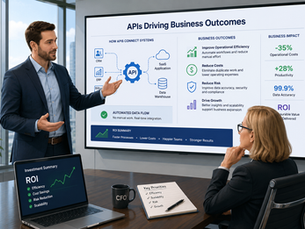 Sales Engineer explaining API business value and SaaS operational outcomes to a CFO during an enterprise software presentation.