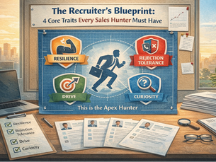 Landscape infographic titled “The Recruiter’s Blueprint: 4 Core Traits Every Sales Hunter Must Have,” showing a professional desk scene with a central figure of a running salesperson. Four highlighted traits—resilience, rejection tolerance, drive, and curiosity—are displayed in colorful shield icons around the figure, with supporting visuals like resumes, charts, and a checklist emphasizing trait-based hiring for sales success.
