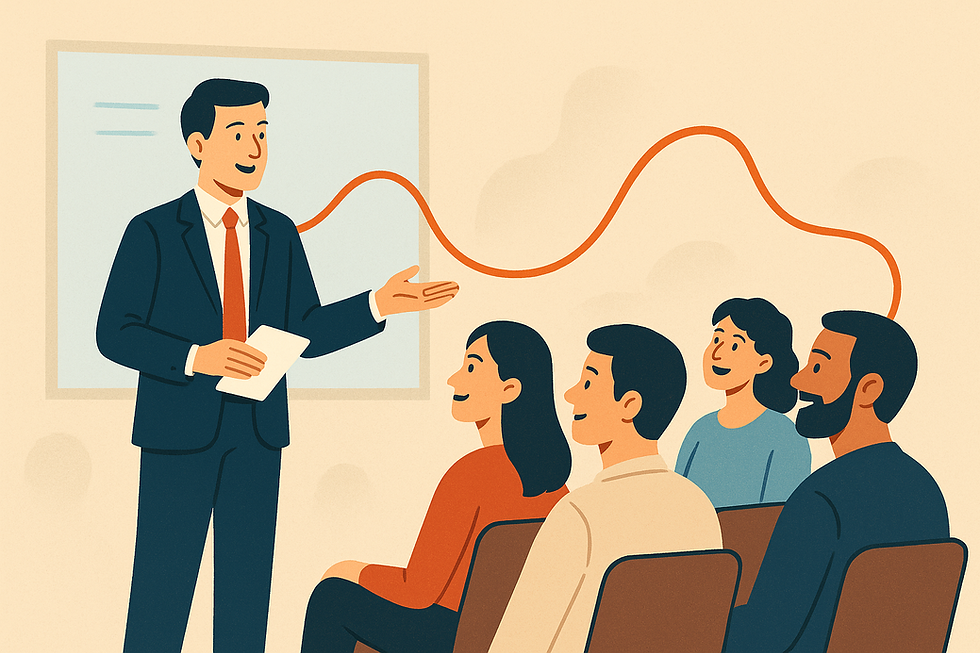 Business presenter telling a story on stage with an engaged audience connected by a storytelling thread.